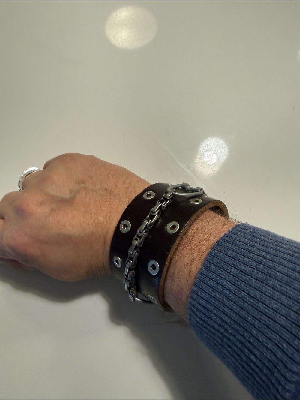 Men's Black Leather Chain Grommet Bracelet - Unbranded